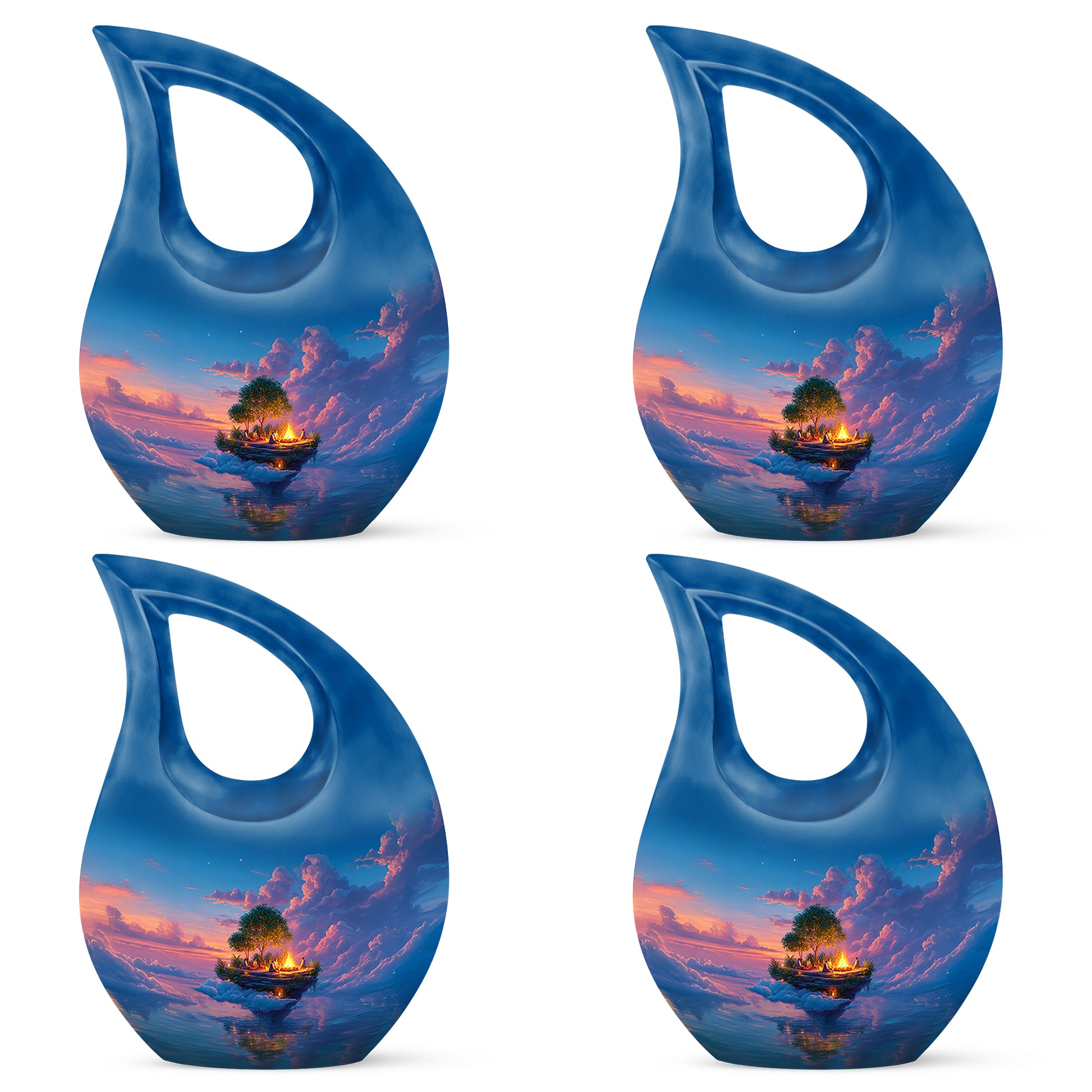 Misty Blue Campfire Cremation Urn lifestyle display on memorial shelf - cross and campfire combined in spiritual memorial design - 10 inch aluminum urn for cremated remains