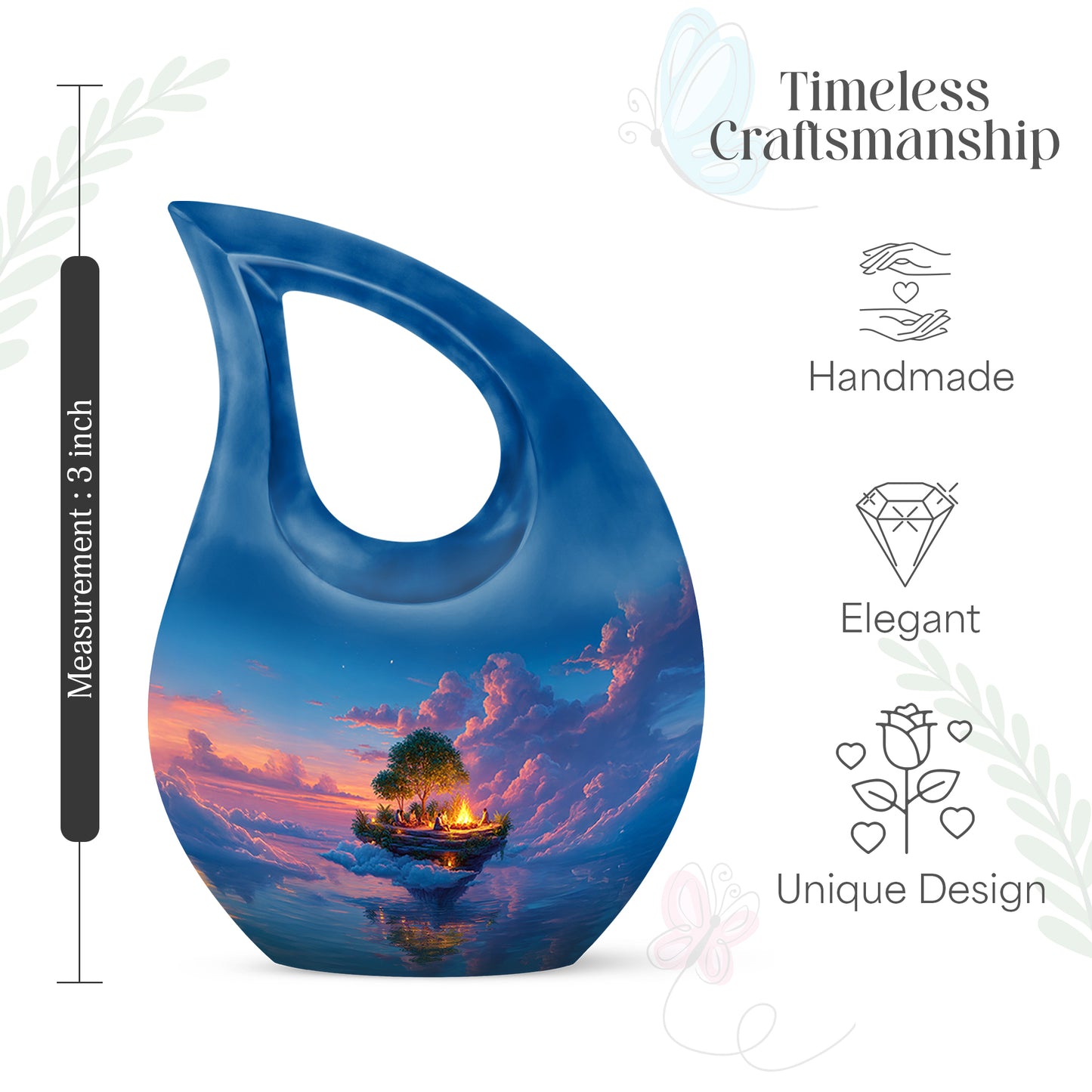 Navy Blue Campfire Cremation Urn back view with polished surface - sacred cross merged with campfire motif on metal - mini keepsake memorial for portion of cremation ashes