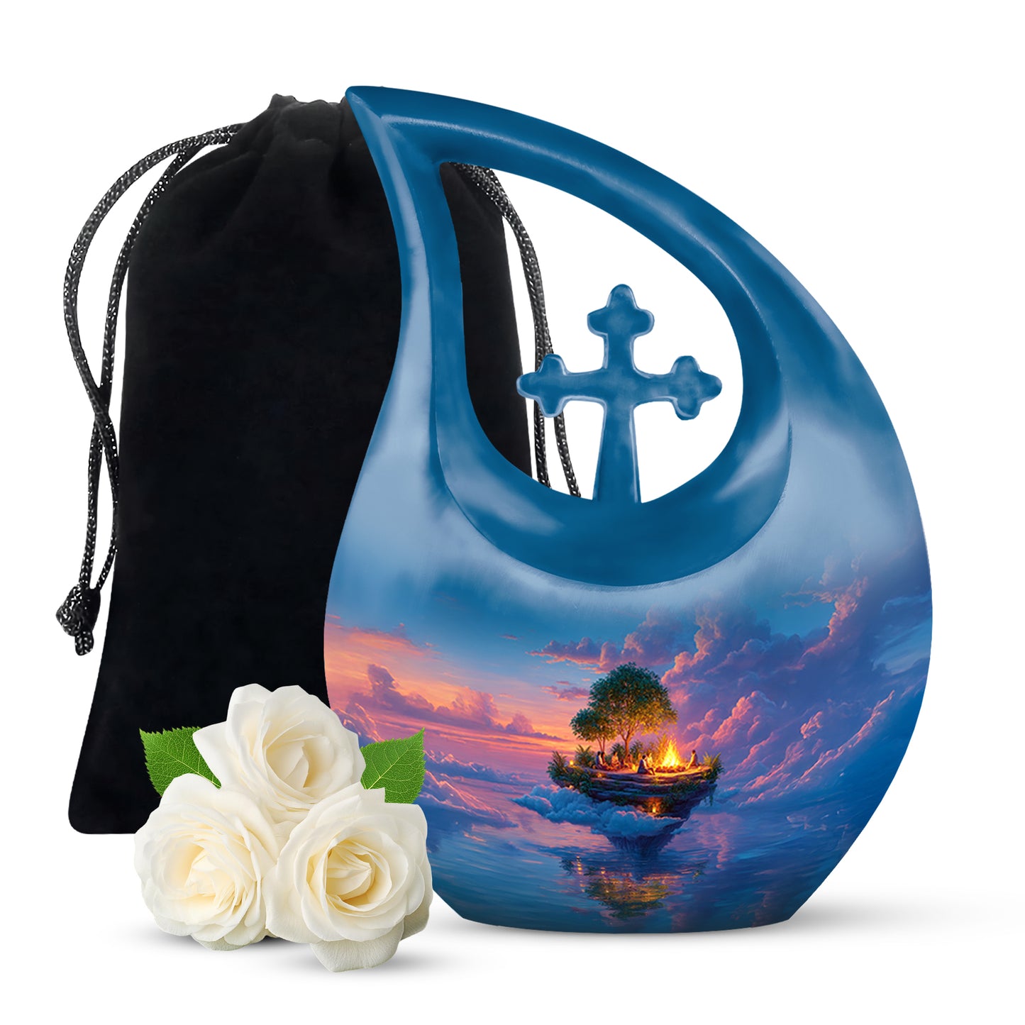 Bright Blue Campfire Cremation Urn top-down view of secure threaded lid - faith-inspired cross-drop urn with campfire pattern - full-size 10 inch 200 cubic inch adult cremation urn
