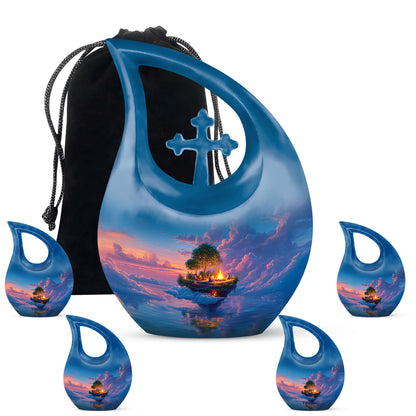 Sapphire Blue Campfire Cremation Urn urn with complimentary velvet bag - faith-inspired cross-drop urn with campfire pattern - memorial set with one large and four small urns