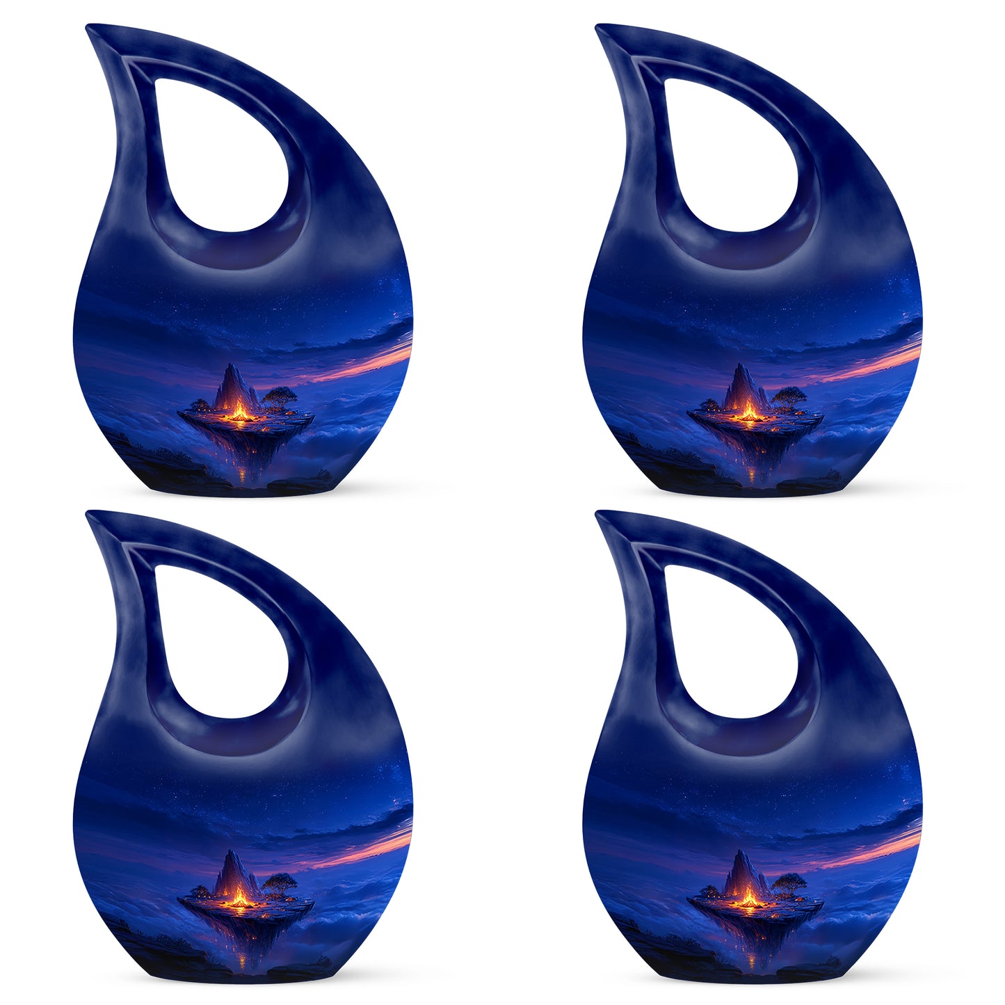 Misty Blue Campfire Cremation Urn lifestyle display on memorial shelf - sacred cross merged with campfire motif on metal - 10 inch aluminum urn for cremated remains