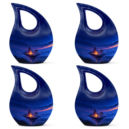 Misty Blue Campfire Cremation Urn lifestyle display on memorial shelf - sacred cross merged with campfire motif on metal - 10 inch aluminum urn for cremated remains