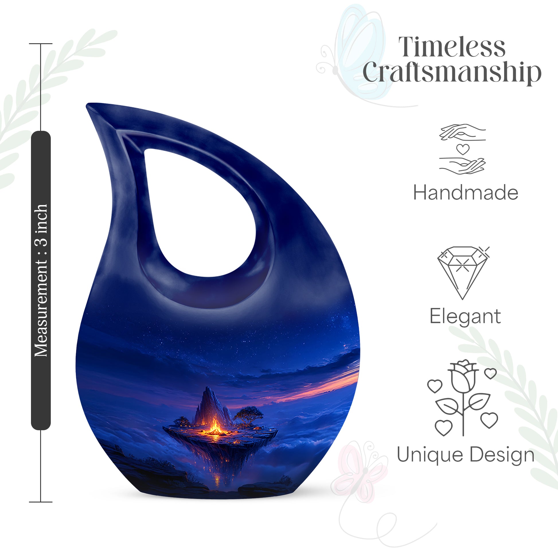 Twilight Blue Campfire Cremation Urn back view with polished surface - faith-inspired cross-drop urn with campfire pattern - mini keepsake memorial for portion of cremation ashes