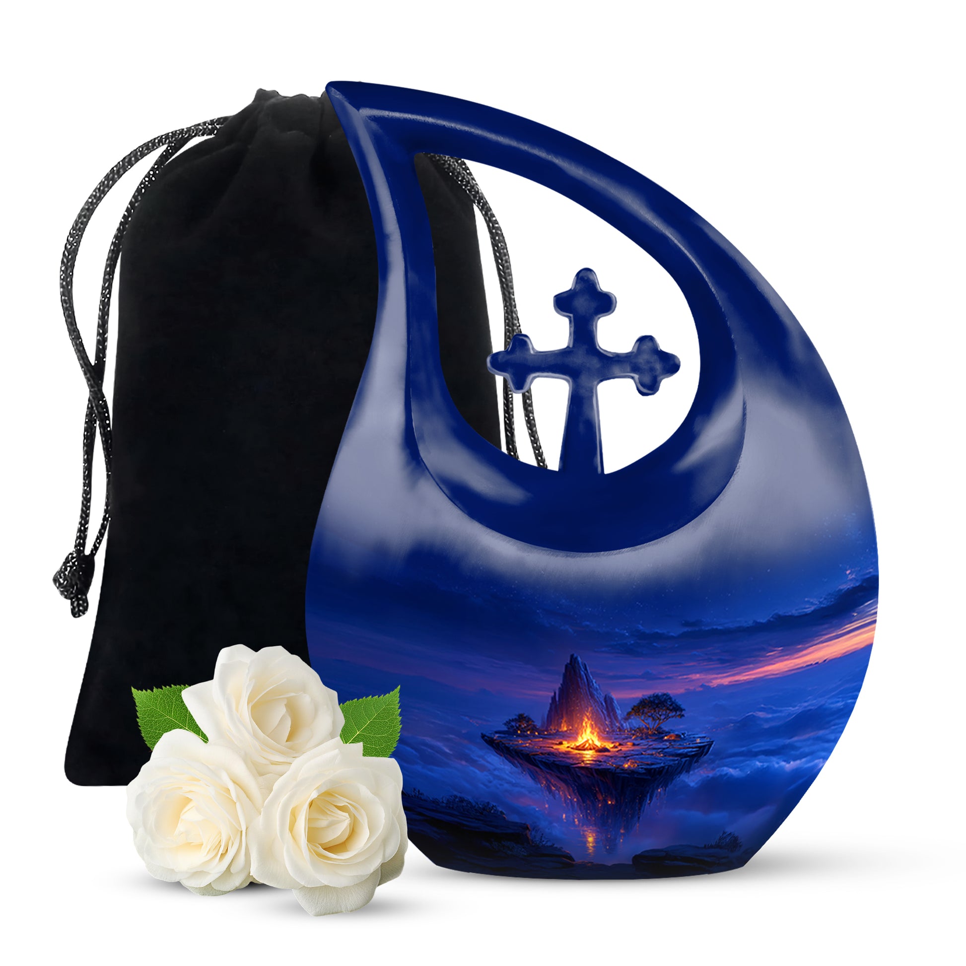 Icy Blue Campfire Cremation Urn top-down view of secure threaded lid - sacred cross merged with campfire motif on metal - full-size 10 inch 200 cubic inch adult cremation urn