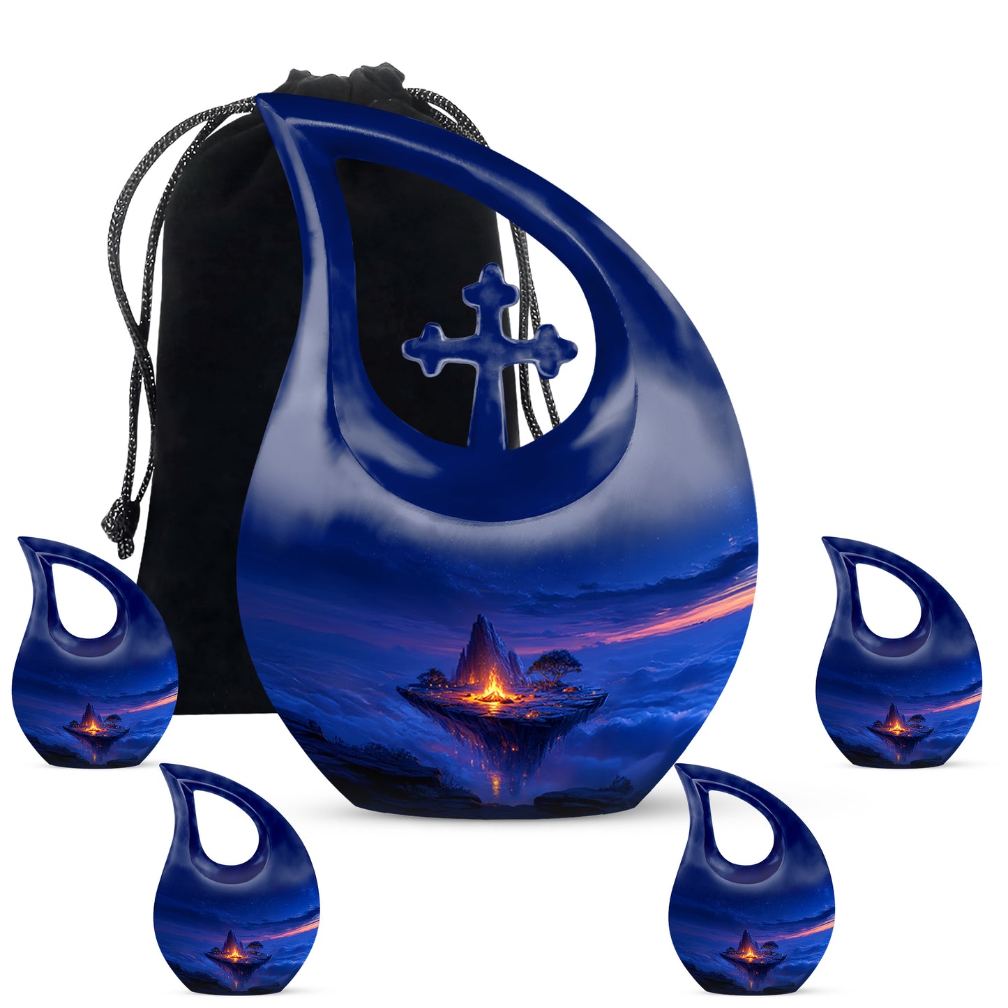 Azure Campfire Cremation Urn urn with complimentary velvet bag - cross and campfire combined in spiritual memorial design - memorial set with one large and four small urns