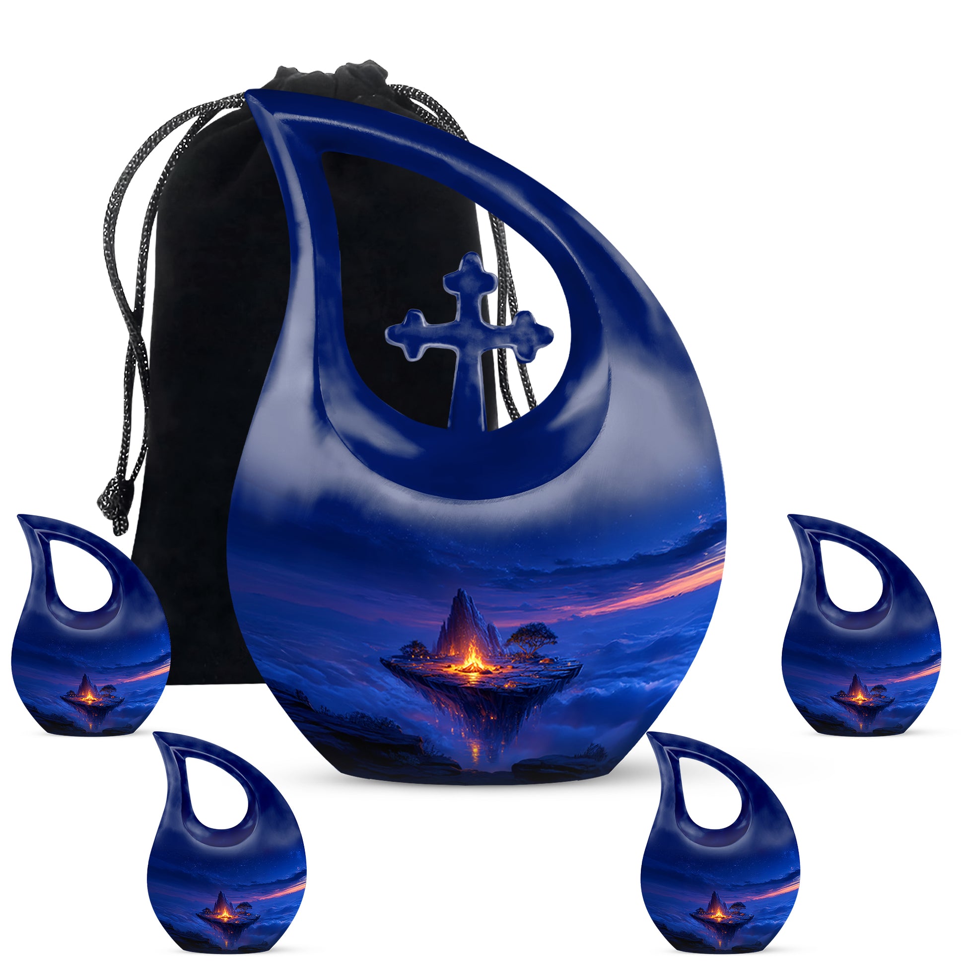 Azure Campfire Cremation Urn urn with complimentary velvet bag - cross and campfire combined in spiritual memorial design - memorial set with one large and four small urns