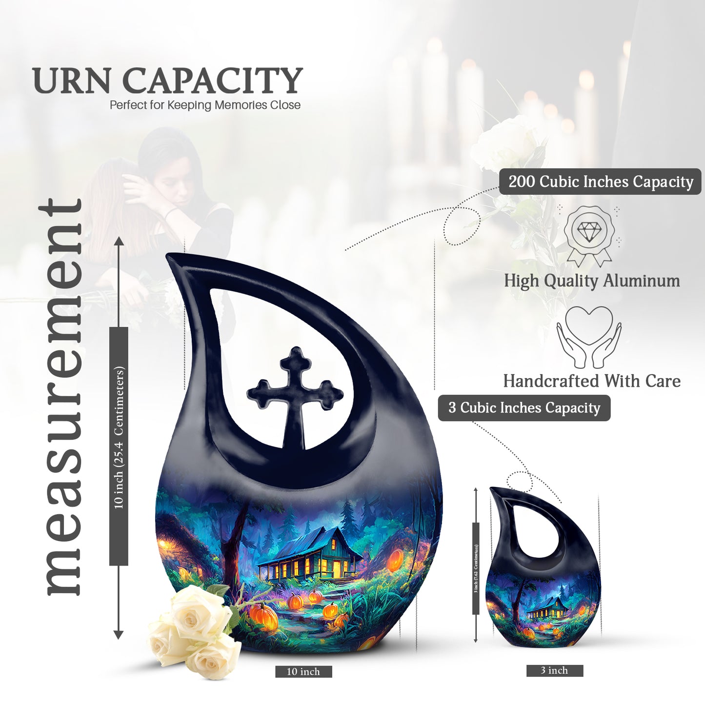 Sky Blue Halloween Cremation Urn back view with polished surface - sacred cross merged with halloween motif on metal - mini keepsake memorial for portion of cremation ashes