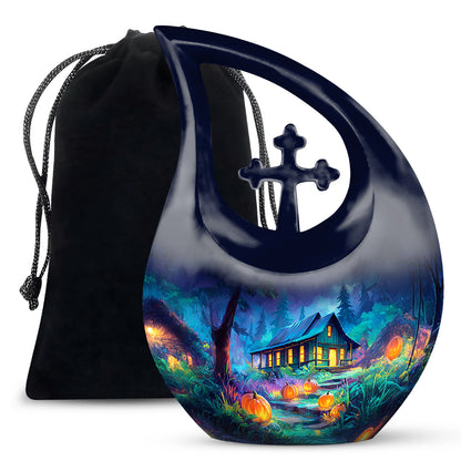 Vivid Blue Halloween Cremation Urn top-down view of secure threaded lid - devotional cross-drop halloween engraving - full-size 10 inch 200 cubic inch adult cremation urn