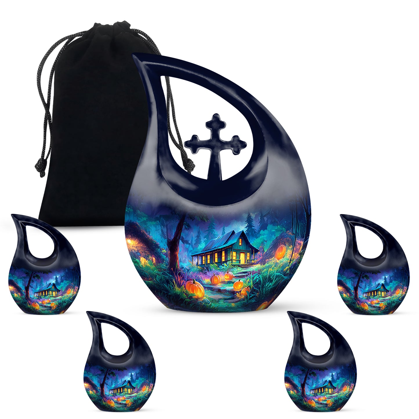 Cornflower Blue Halloween Cremation Urn urn with complimentary velvet bag - devotional cross-drop halloween engraving - memorial set with one large and four small urns