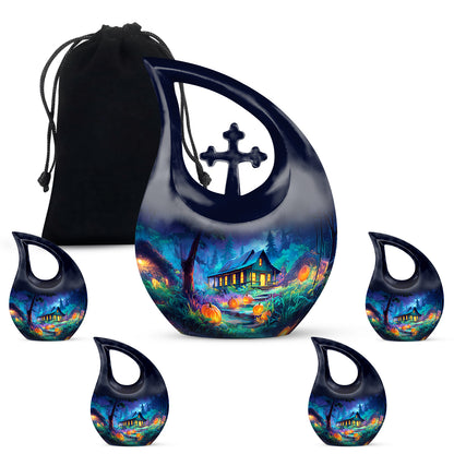 Cornflower Blue Halloween Cremation Urn urn with complimentary velvet bag - devotional cross-drop halloween engraving - memorial set with one large and four small urns
