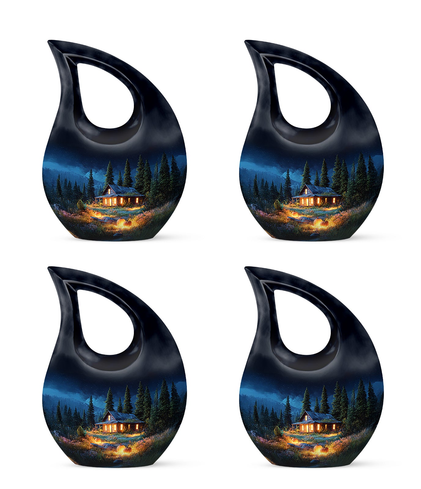 Twilight Blue Halloween Cremation Urn lifestyle display on memorial shelf - devotional cross-drop halloween engraving - 10 inch aluminum urn for cremated remains