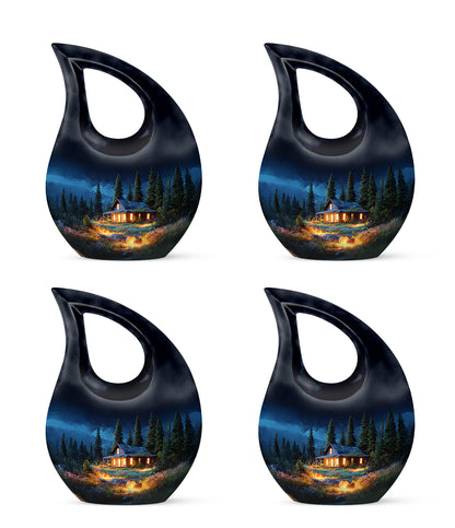 Twilight Blue Halloween Cremation Urn lifestyle display on memorial shelf - devotional cross-drop halloween engraving - 10 inch aluminum urn for cremated remains
