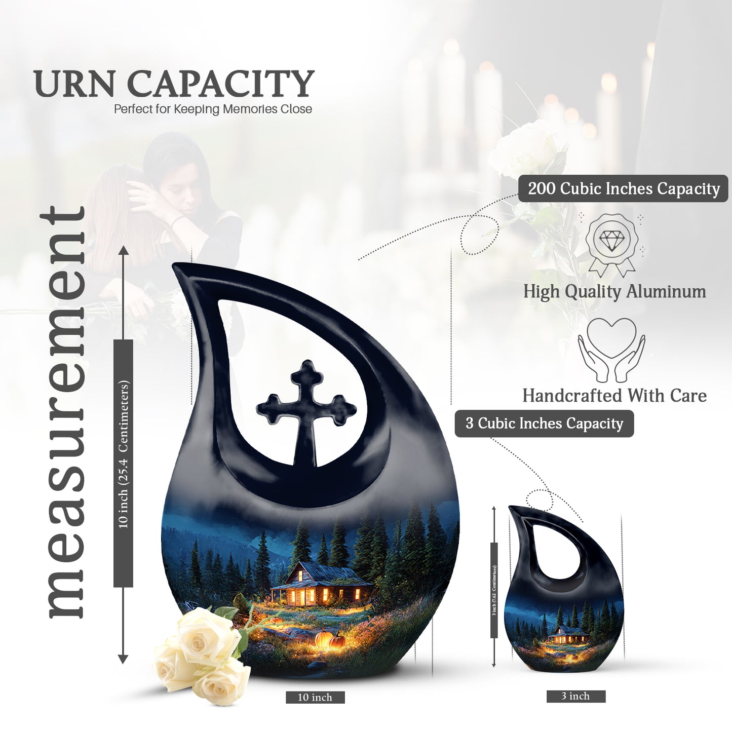 Pastel Blue Halloween Cremation Urn back view with polished surface - cross and halloween combined in spiritual memorial design - mini keepsake memorial for portion of cremation ashes