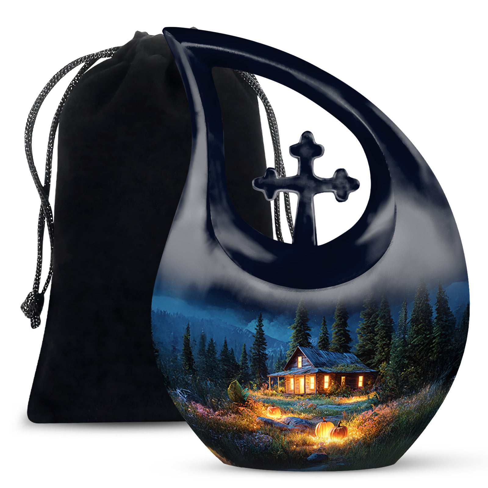 Azure Halloween Cremation Urn top-down view of secure threaded lid - sacred cross merged with halloween motif on metal - full-size 10 inch 200 cubic inch adult cremation urn