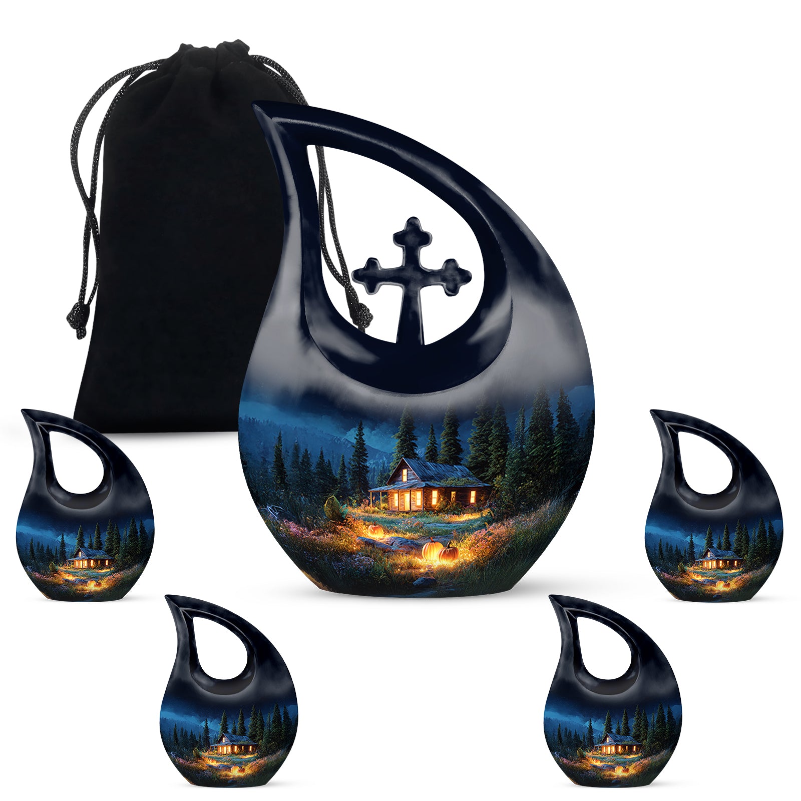 Celestial Blue Halloween Cremation Urn urn with complimentary velvet bag - sacred cross merged with halloween motif on metal - memorial set with one large and four small urns
