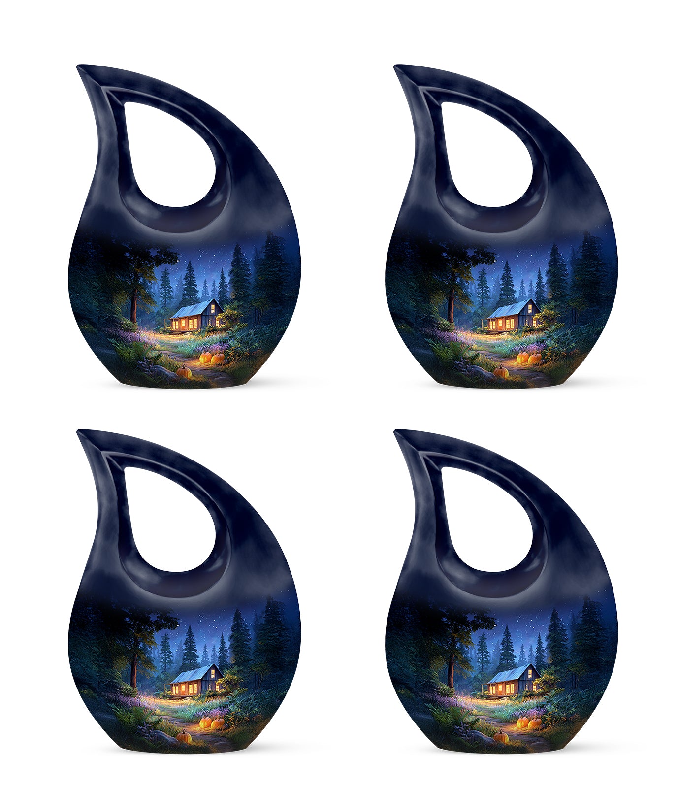 Misty Blue Halloween Cremation Urn lifestyle display on memorial shelf - sacred cross merged with halloween motif on metal - 10 inch aluminum urn for cremated remains