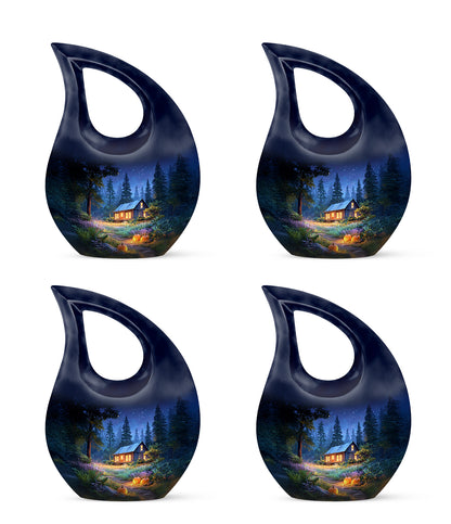 Misty Blue Halloween Cremation Urn lifestyle display on memorial shelf - sacred cross merged with halloween motif on metal - 10 inch aluminum urn for cremated remains
