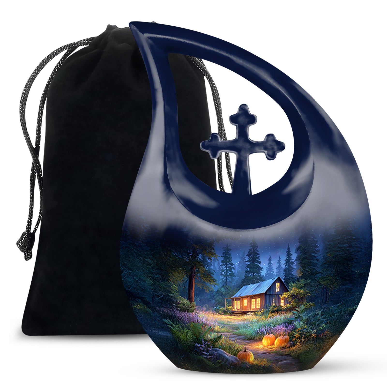 Calming Blue Halloween Cremation Urn top-down view of secure threaded lid - faith-inspired cross-drop urn with halloween pattern - full-size 10 inch 200 cubic inch adult cremation urn