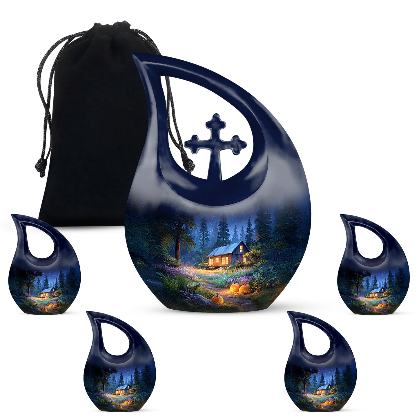 Cobalt Blue Halloween Cremation Urn urn with complimentary velvet bag - faith-inspired cross-drop urn with halloween pattern - memorial set with one large and four small urns
