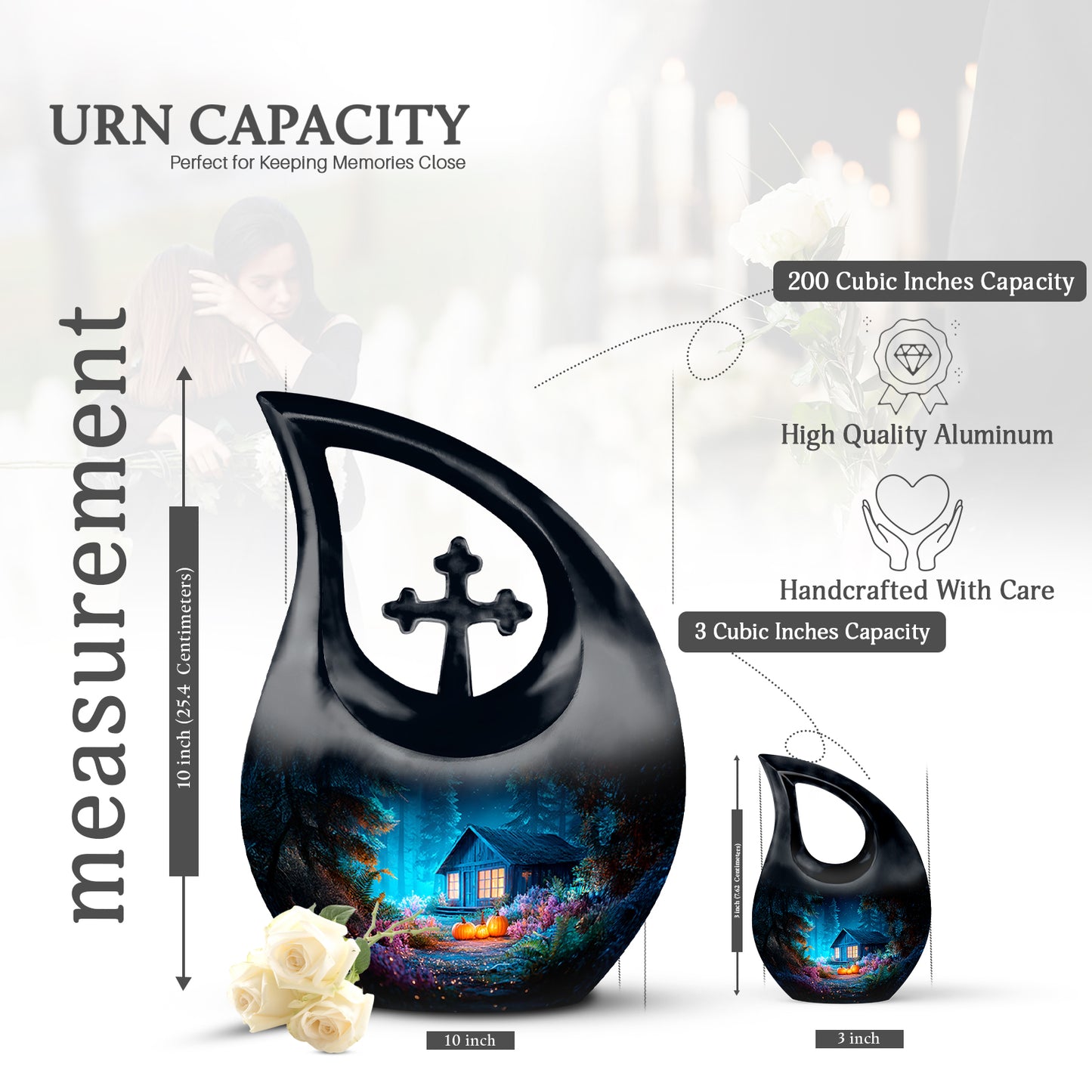 Indigo Halloween Cremation Urn back view with polished surface - sacred cross merged with halloween motif on metal - mini keepsake memorial for portion of cremation ashes
