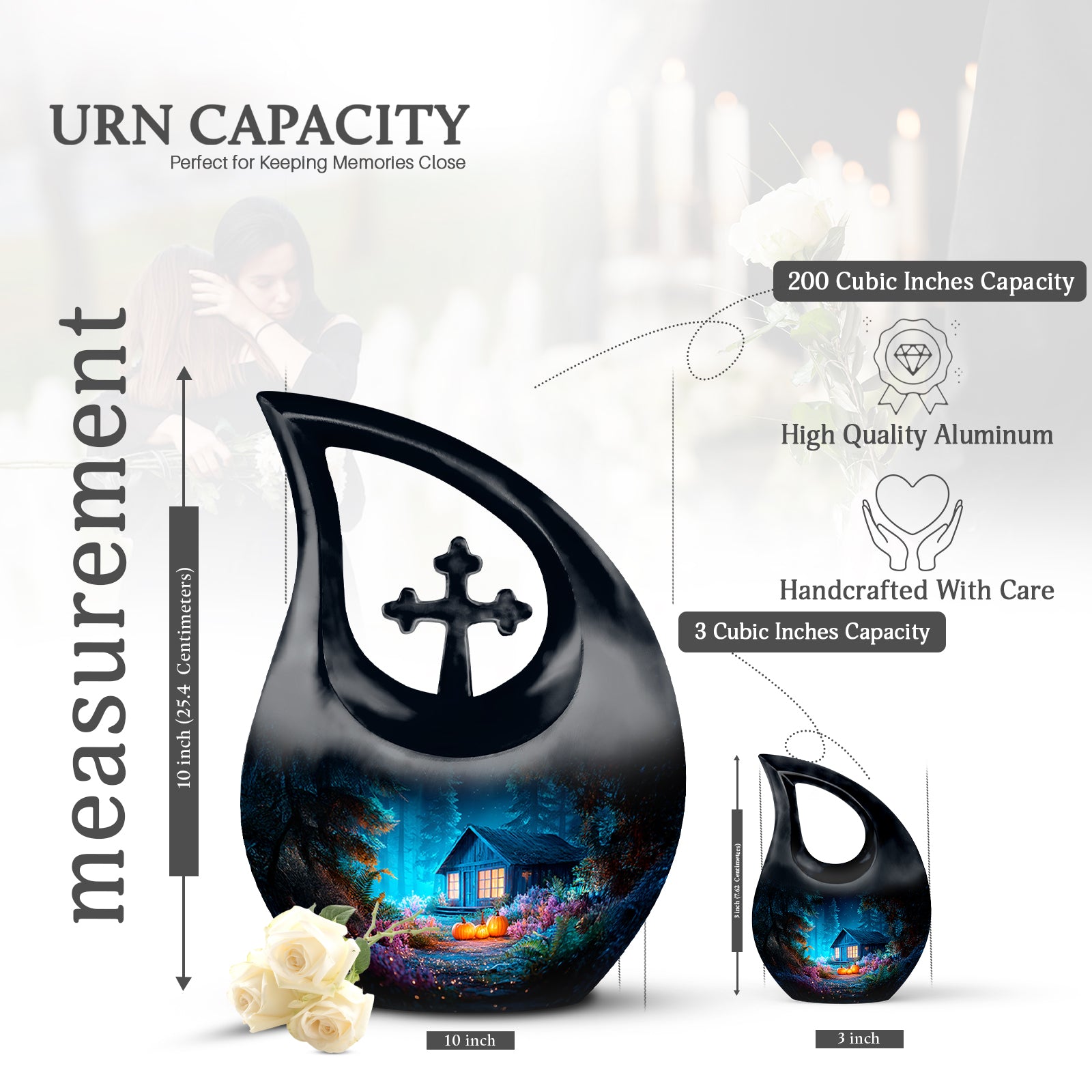 Indigo Halloween Cremation Urn back view with polished surface - sacred cross merged with halloween motif on metal - mini keepsake memorial for portion of cremation ashes