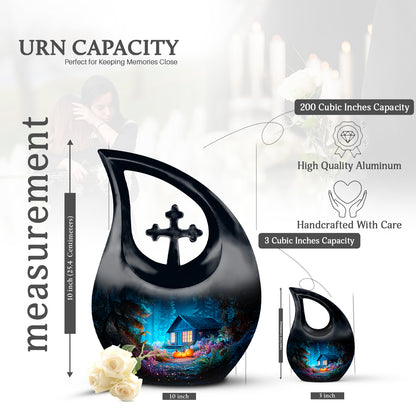 Indigo Halloween Cremation Urn back view with polished surface - sacred cross merged with halloween motif on metal - mini keepsake memorial for portion of cremation ashes