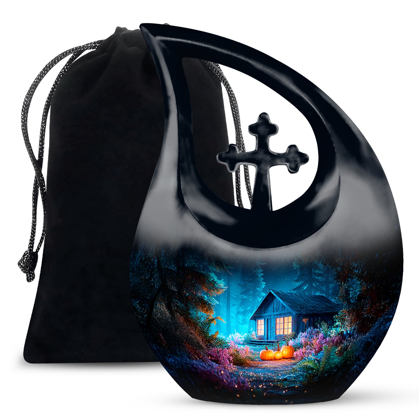 Dusty Blue Halloween Cremation Urn top-down view of secure threaded lid - sacred cross merged with halloween motif on metal - full-size 10 inch 200 cubic inch adult cremation urn