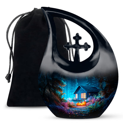 Dusty Blue Halloween Cremation Urn top-down view of secure threaded lid - sacred cross merged with halloween motif on metal - full-size 10 inch 200 cubic inch adult cremation urn