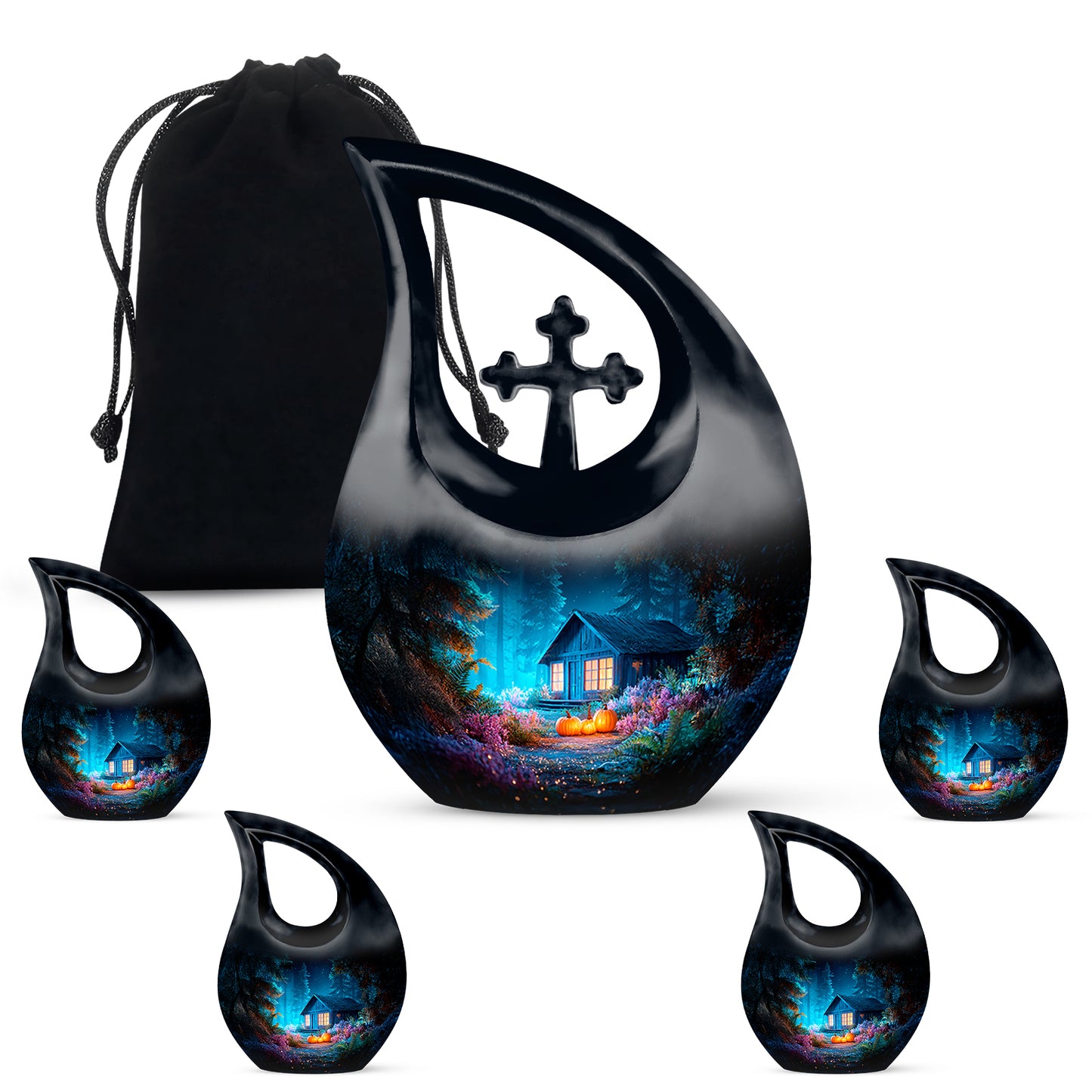 Cobalt Blue Halloween Cremation Urn urn with complimentary velvet bag - faith-inspired cross-drop urn with halloween pattern - memorial set with one large and four small urns