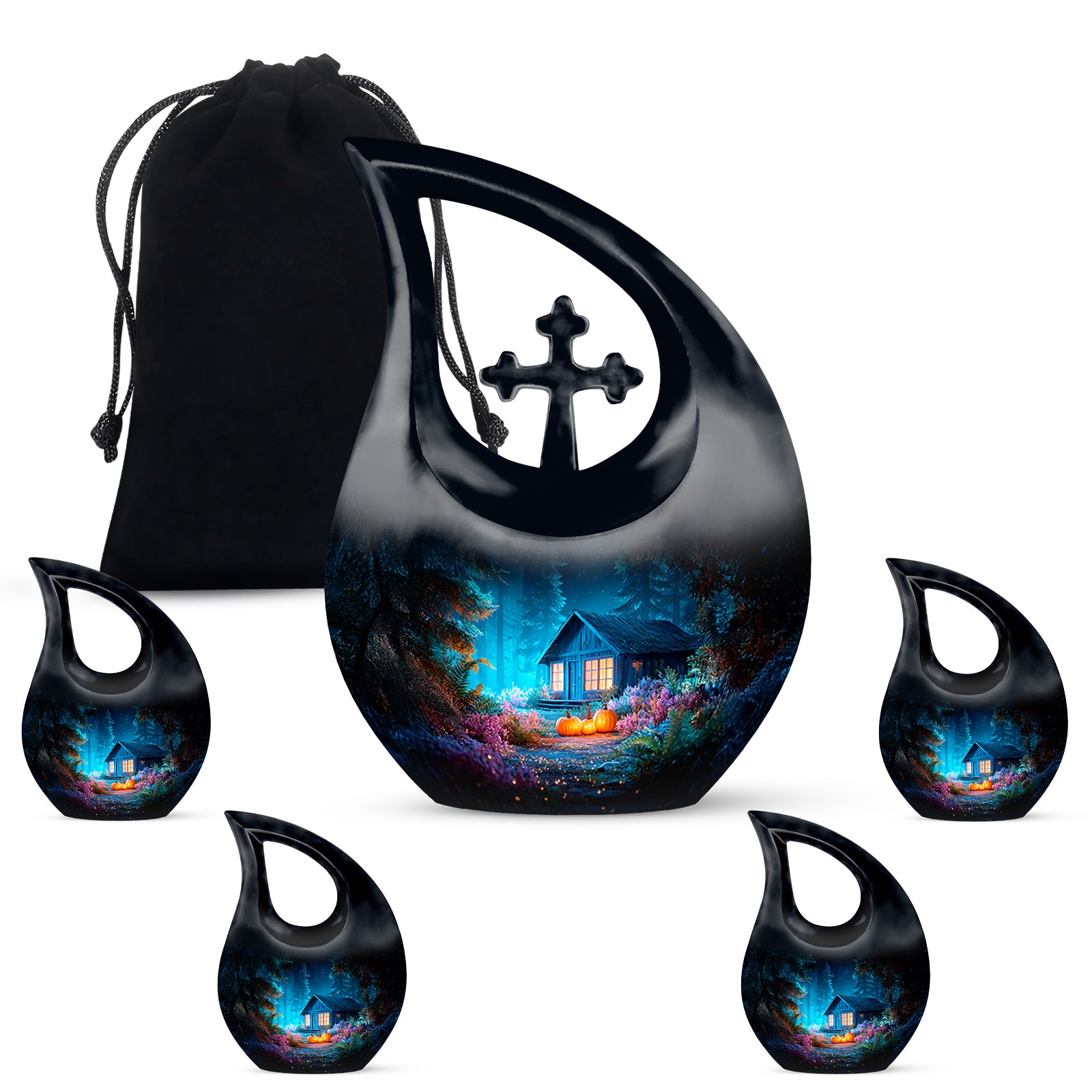 Cobalt Blue Halloween Cremation Urn urn with complimentary velvet bag - faith-inspired cross-drop urn with halloween pattern - memorial set with one large and four small urns