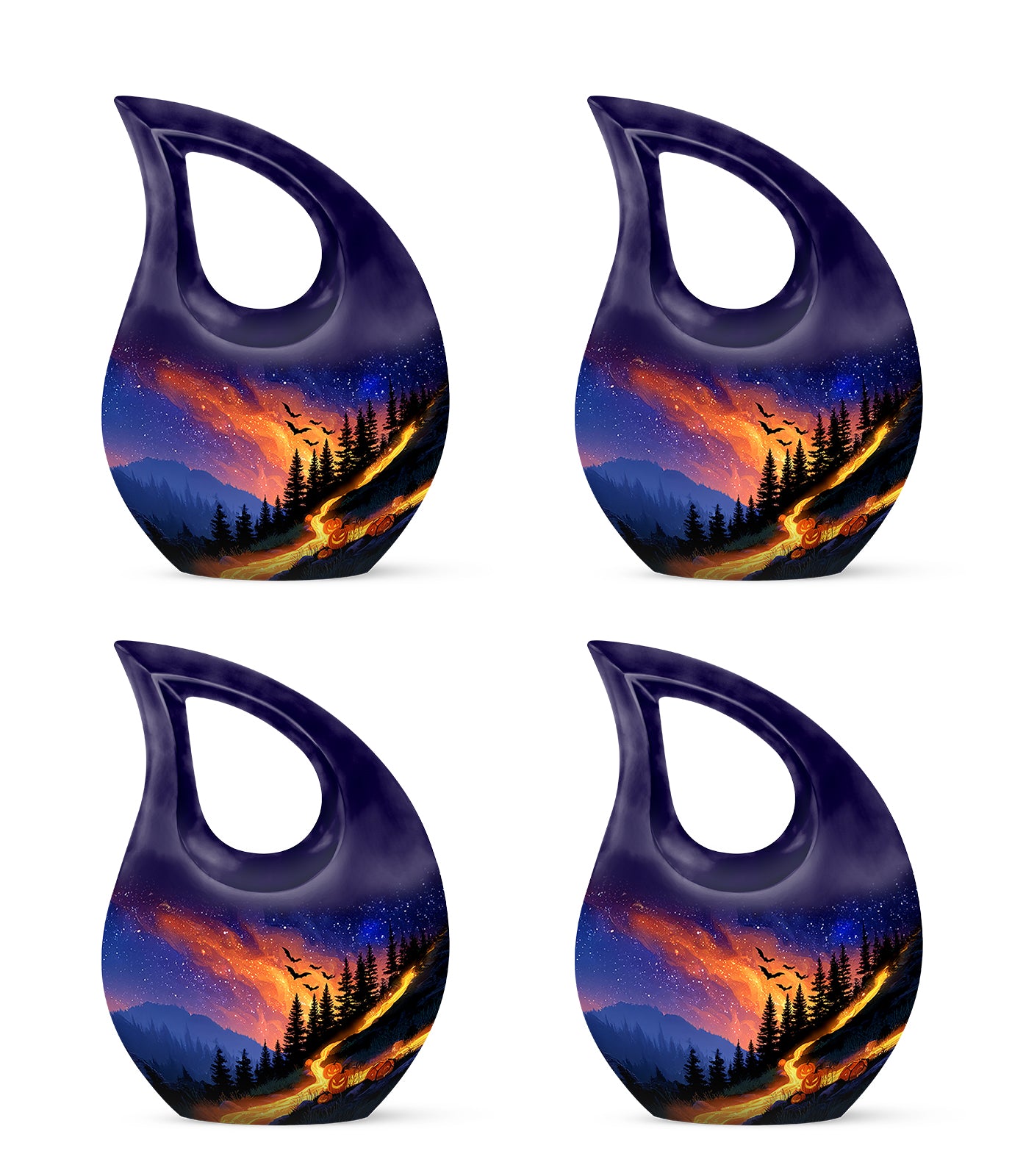 Navy Blue Halloween Cremation Urn lifestyle display on memorial shelf - sacred cross merged with halloween motif on metal - 10 inch aluminum urn for cremated remains