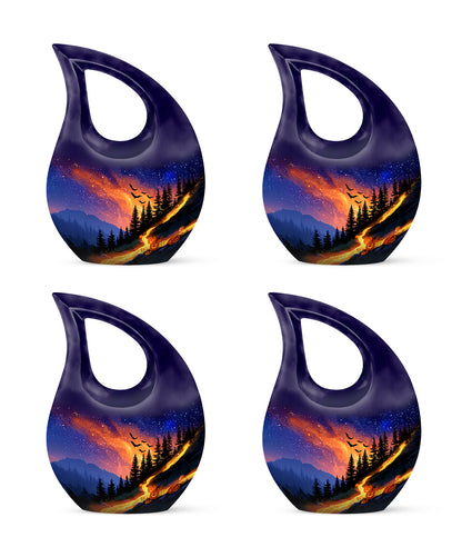 Navy Blue Halloween Cremation Urn lifestyle display on memorial shelf - sacred cross merged with halloween motif on metal - 10 inch aluminum urn for cremated remains