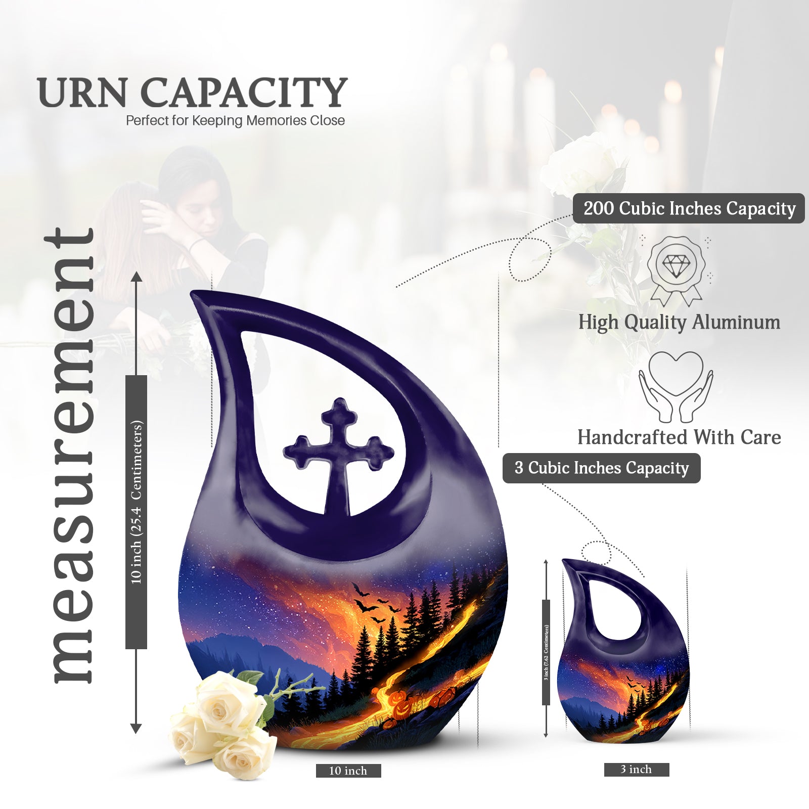 Indigo Halloween Cremation Urn back view with polished surface - cross and halloween combined in spiritual memorial design - mini keepsake memorial for portion of cremation ashes