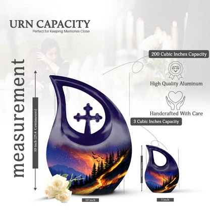 Indigo Halloween Cremation Urn back view with polished surface - cross and halloween combined in spiritual memorial design - mini keepsake memorial for portion of cremation ashes