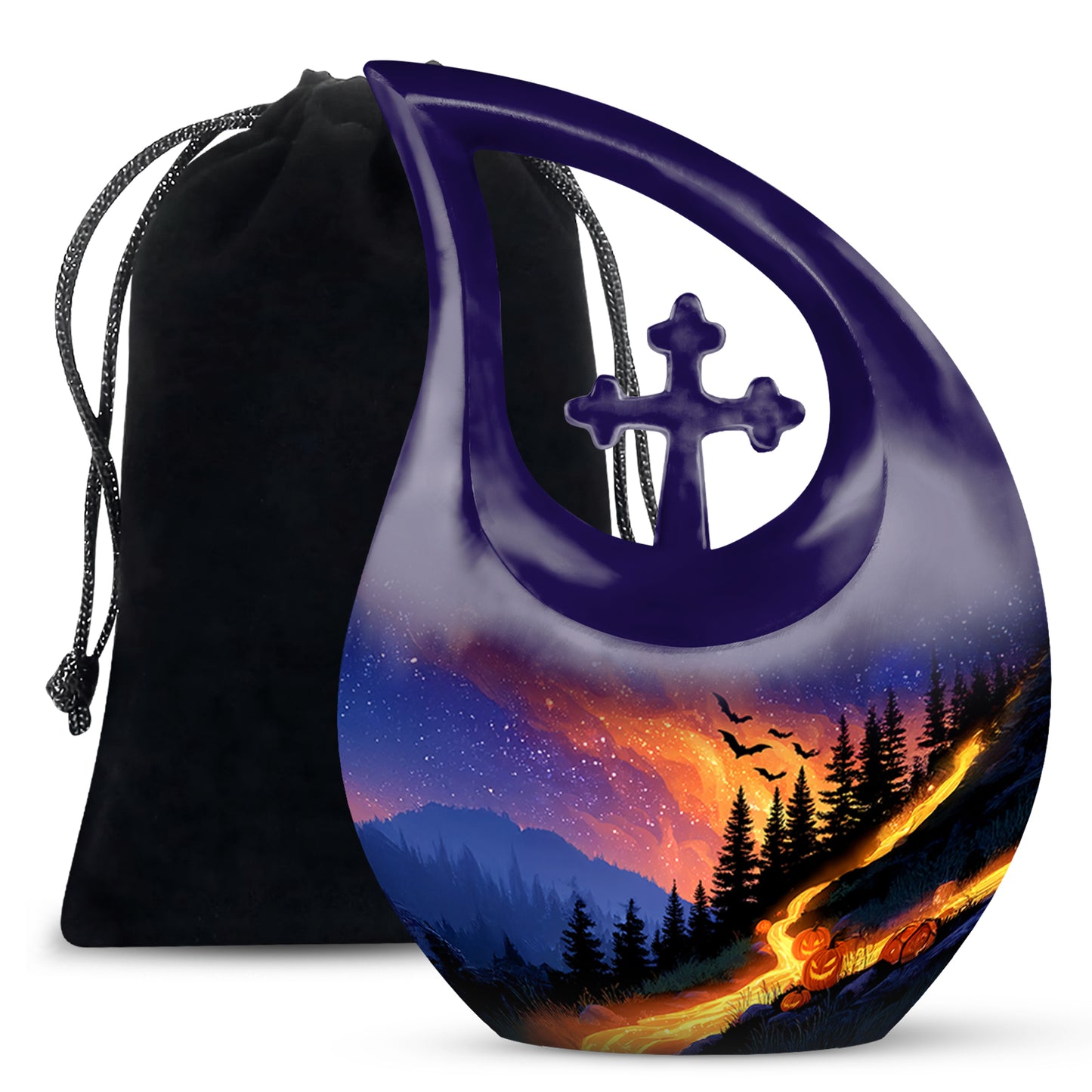 Powder Blue Halloween Cremation Urn top-down view of secure threaded lid - cross and halloween combined in spiritual memorial design - full-size 10 inch 200 cubic inch adult cremation urn