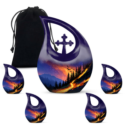 Dusty Blue Halloween Cremation Urn urn with complimentary velvet bag - cross and halloween combined in spiritual memorial design - memorial set with one large and four small urns
