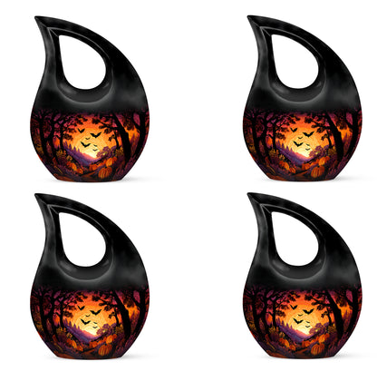 Dark Black Halloween Cremation Urn lifestyle display on memorial shelf - faith-inspired cross-drop urn with halloween pattern - 10 inch aluminum urn for cremated remains