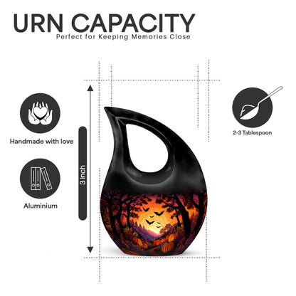 Jet Black Halloween Cremation Urn back view with polished surface - sacred cross merged with halloween motif on metal - mini keepsake memorial for portion of cremation ashes