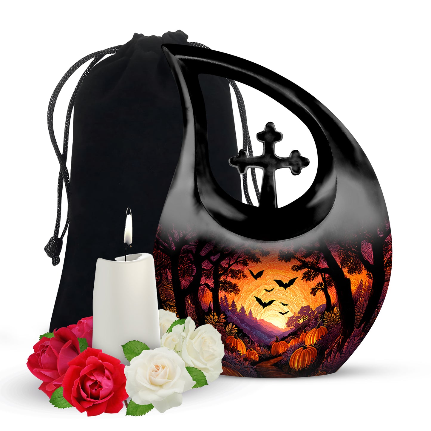 Jet Black Halloween Cremation Urn top-down view of secure threaded lid - sacred cross merged with halloween motif on metal - full-size 10 inch 200 cubic inch adult cremation urn
