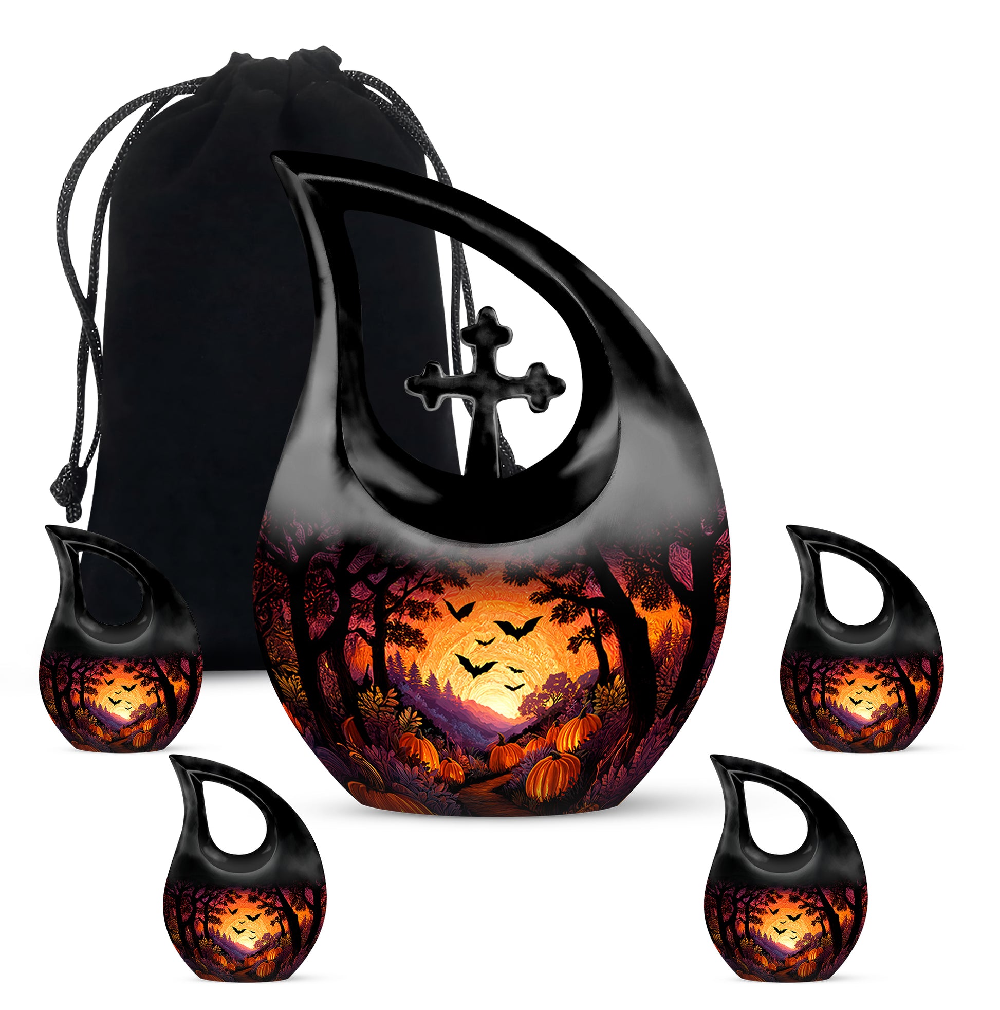 Glossy Black Halloween Cremation Urn urn with complimentary velvet bag - sacred cross merged with halloween motif on metal - memorial set with one large and four small urns