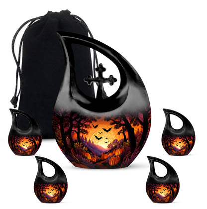 Glossy Black Halloween Cremation Urn urn with complimentary velvet bag - sacred cross merged with halloween motif on metal - memorial set with one large and four small urns