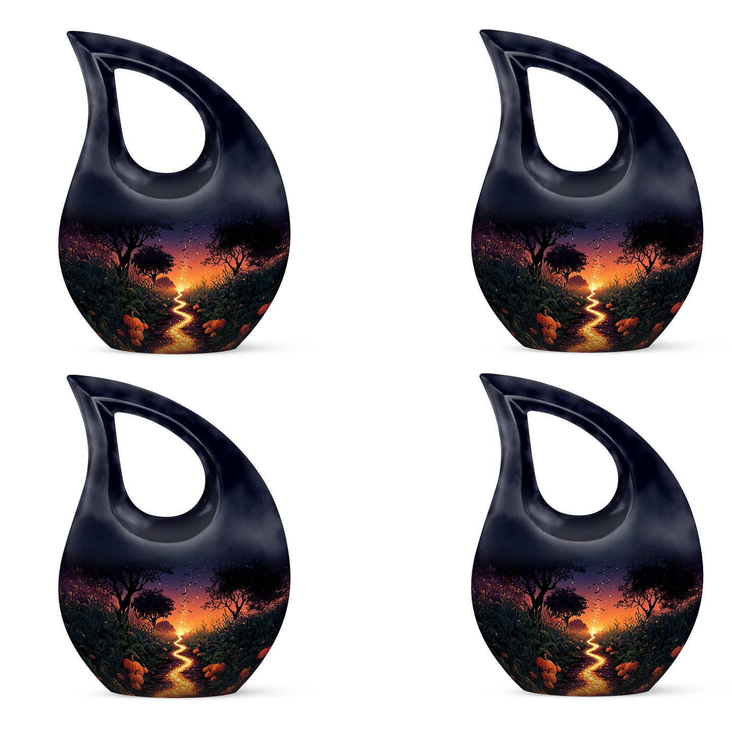 Navy Blue Halloween Cremation Urn lifestyle display on memorial shelf - cross and halloween combined in spiritual memorial design - 10 inch aluminum urn for cremated remains