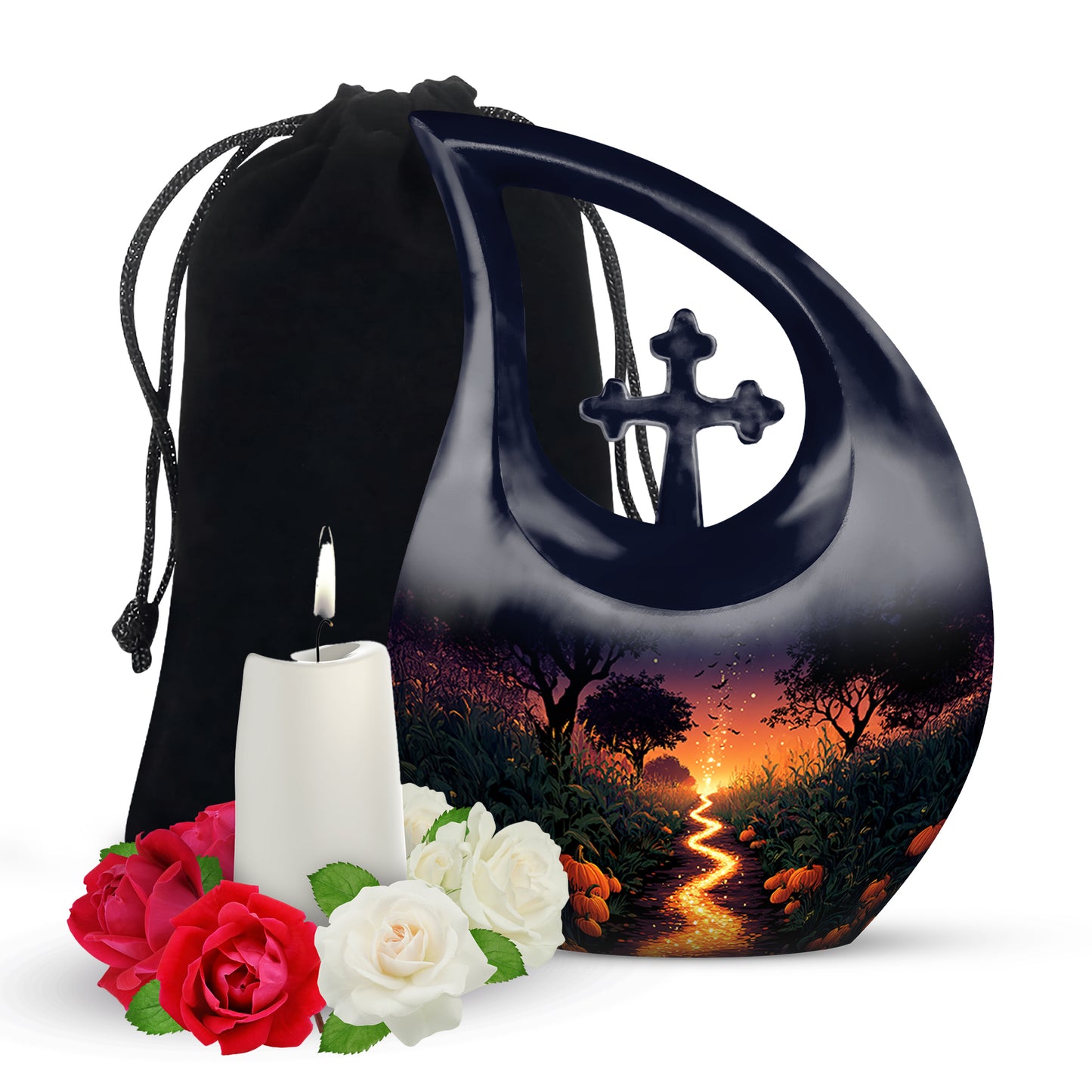 Pastel Blue Halloween Cremation Urn top-down view of secure threaded lid - cross and halloween combined in spiritual memorial design - full-size 10 inch 200 cubic inch adult cremation urn