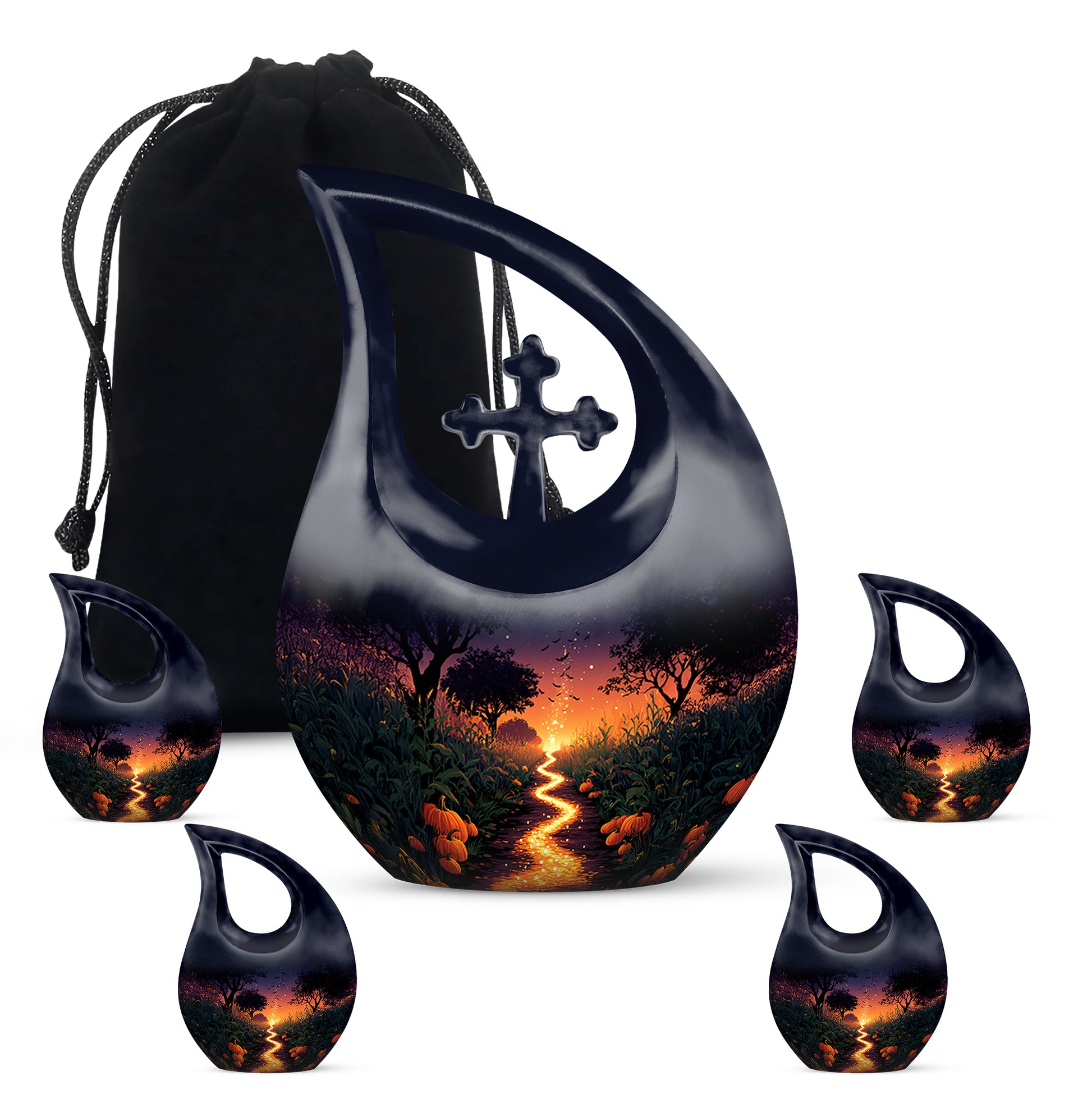 Icy Blue Halloween Cremation Urn urn with complimentary velvet bag - cross and halloween combined in spiritual memorial design - memorial set with one large and four small urns