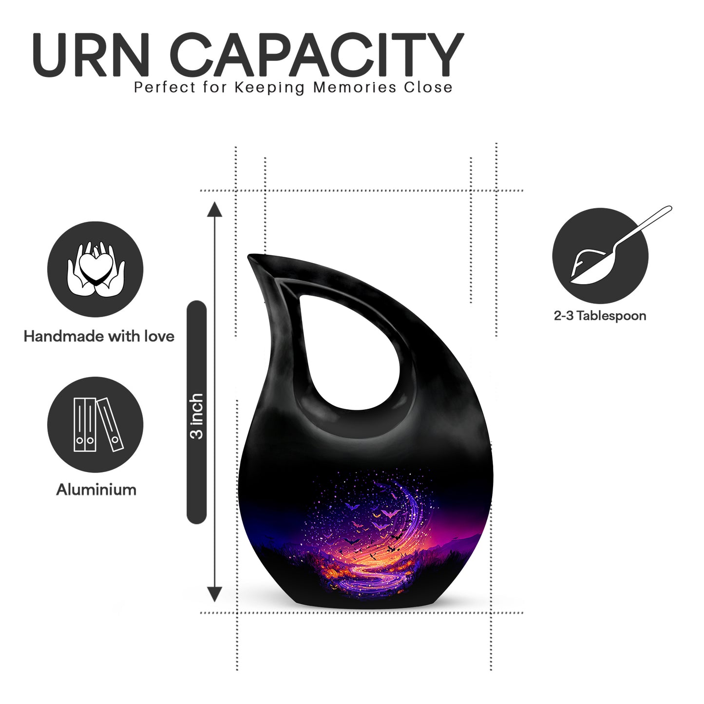 Midnight Black Halloween Cremation Urn back view with polished surface - faith-inspired cross-drop urn with halloween pattern - mini keepsake memorial for portion of cremation ashes