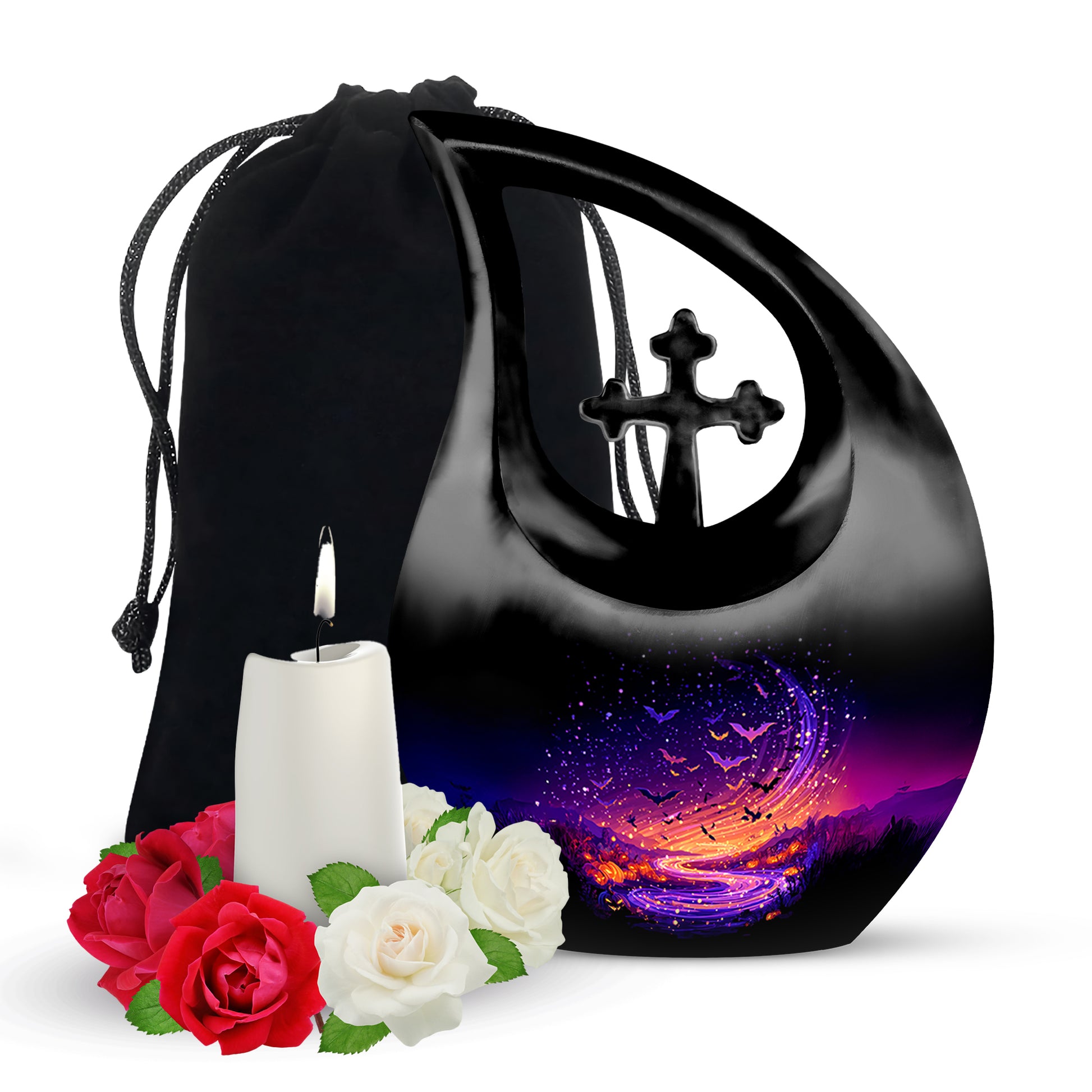 Deep Black Halloween Cremation Urn top-down view of secure threaded lid - cross and halloween combined in spiritual memorial design - full-size 10 inch 200 cubic inch adult cremation urn