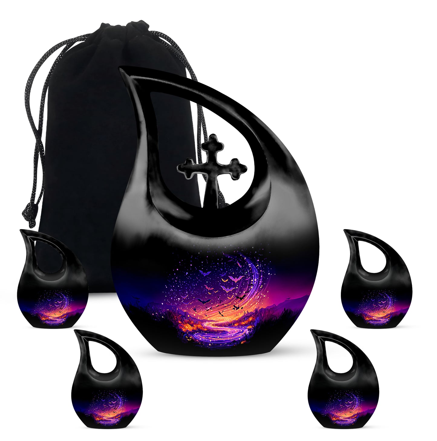 Deep Black Halloween Cremation Urn urn with complimentary velvet bag - cross and halloween combined in spiritual memorial design - memorial set with one large and four small urns