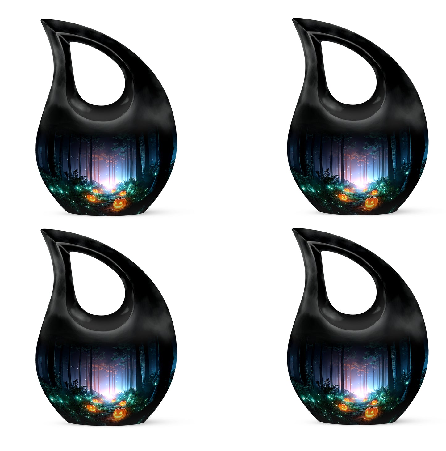 Obsidian Black Halloween Cremation Urn lifestyle display on memorial shelf - faith-inspired cross-drop urn with halloween pattern - 10 inch aluminum urn for cremated remains