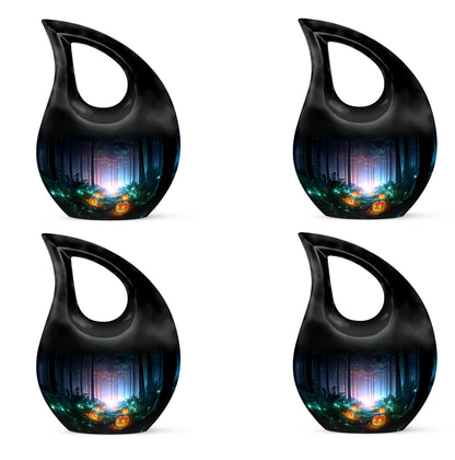 Obsidian Black Halloween Cremation Urn lifestyle display on memorial shelf - faith-inspired cross-drop urn with halloween pattern - 10 inch aluminum urn for cremated remains