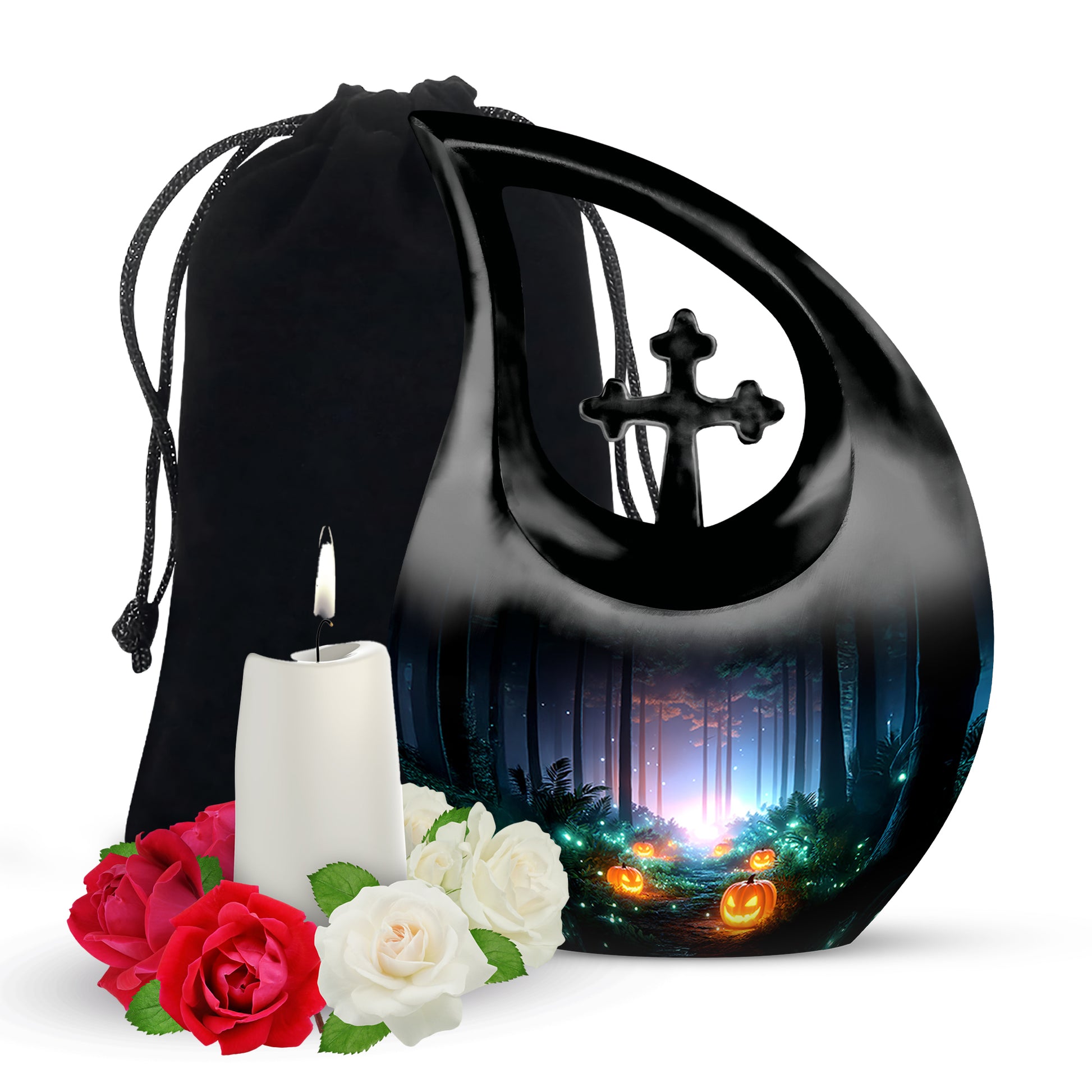 Onyx Black Halloween Cremation Urn top-down view of secure threaded lid - devotional cross-drop halloween engraving - full-size 10 inch 200 cubic inch adult cremation urn